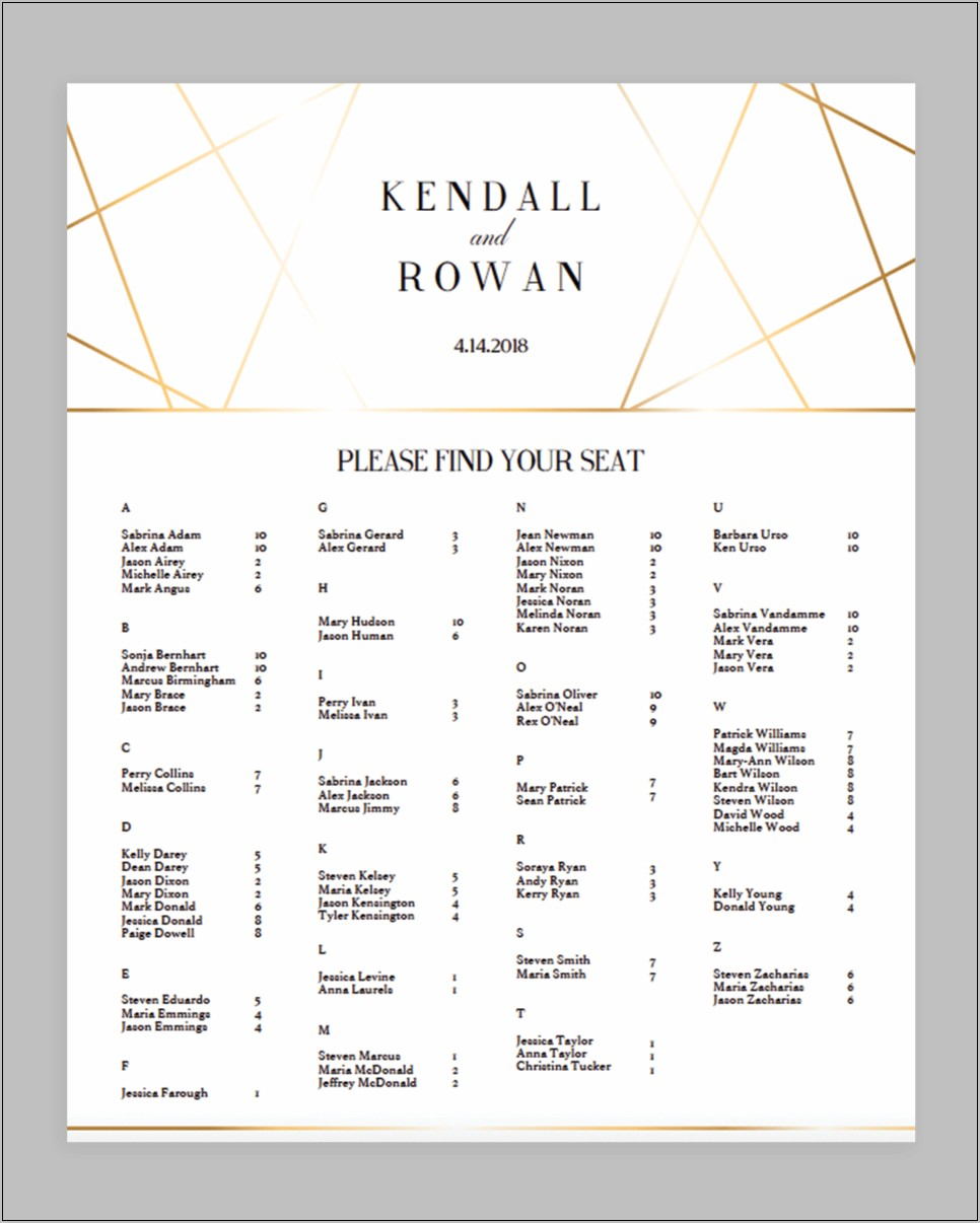 Wedding Seating Chart Template Printable Free