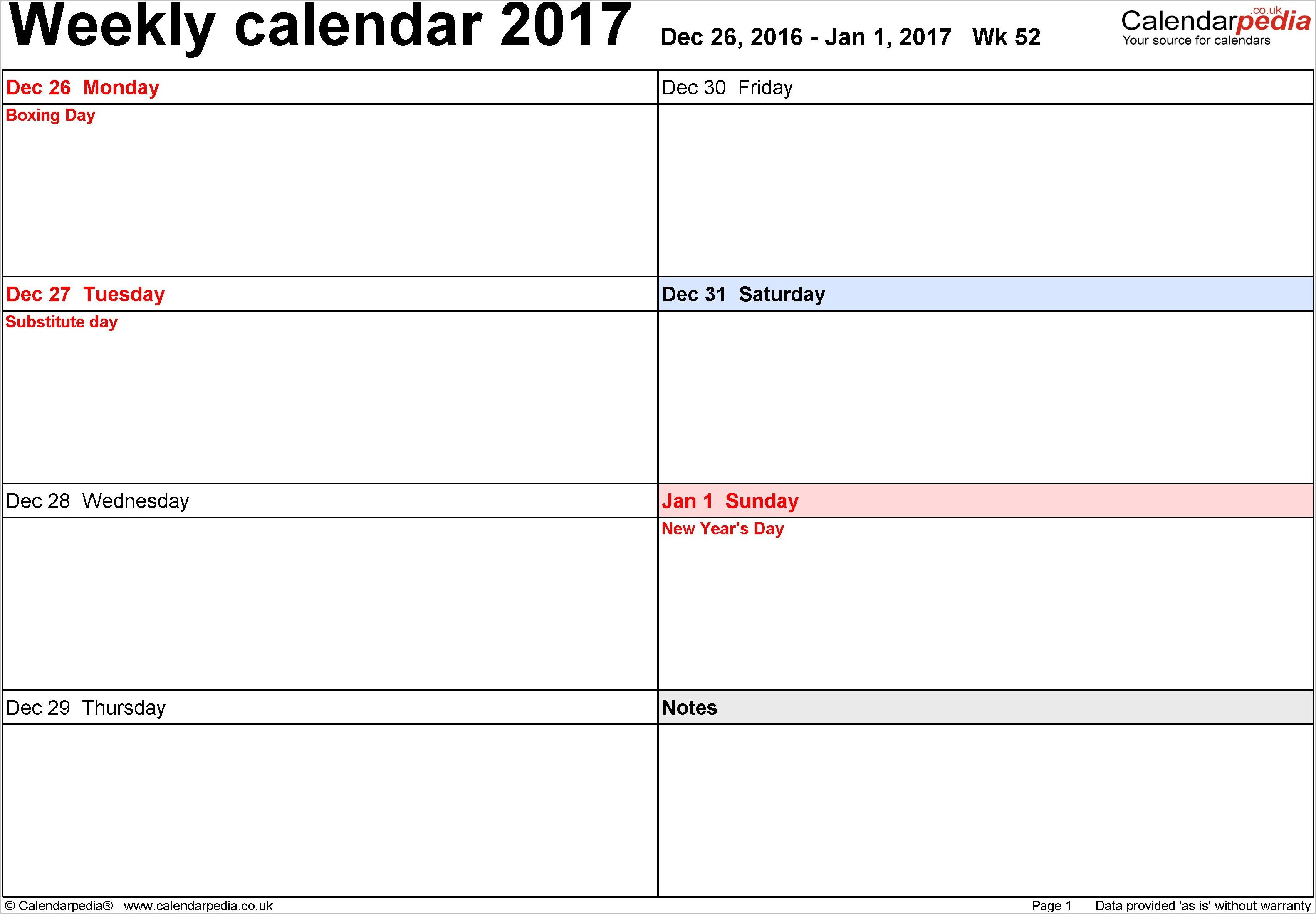 Weekly Calendar Template 2017