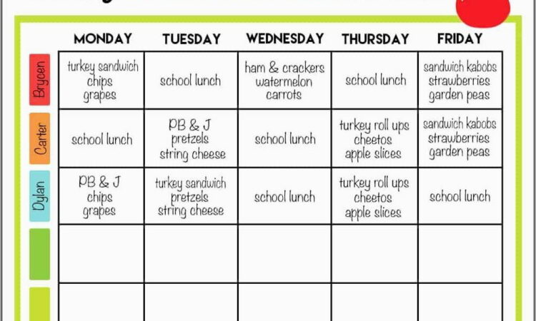 Weekly School Lunch Menu Template