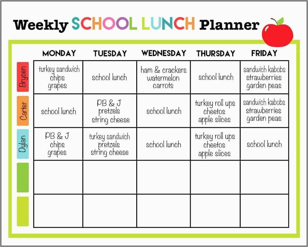 Weekly School Lunch Menu Template