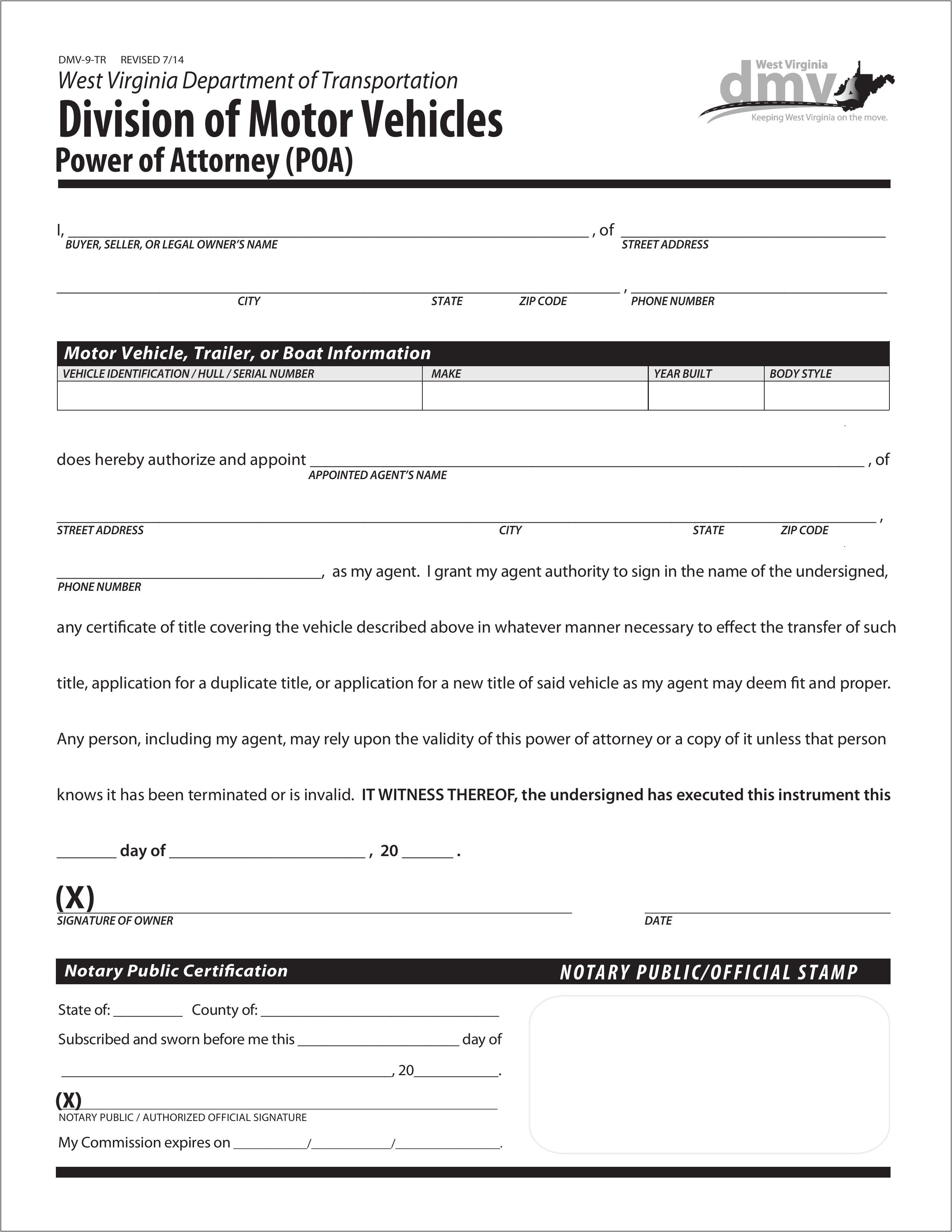 West Virginia Dmv Power Of Attorney Form