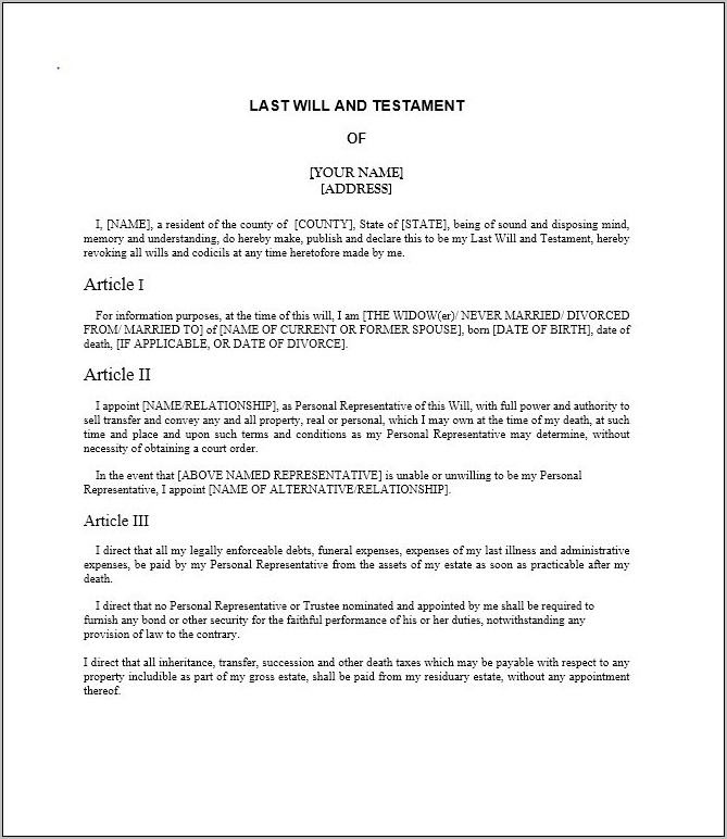 Will And Last Testament Template
