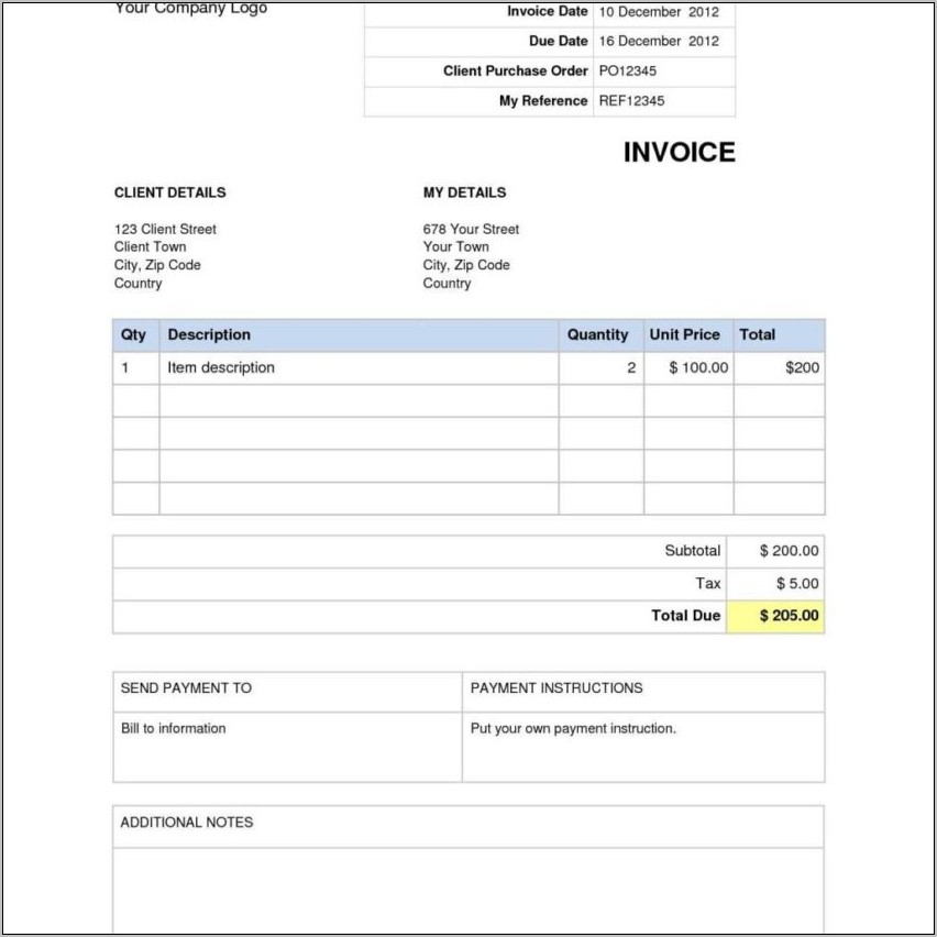 Word Invoice Template For Quickbooks