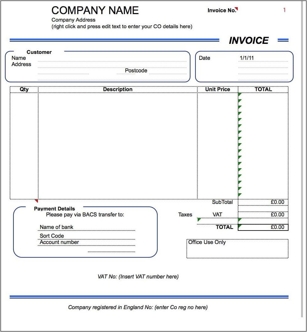 Word Template For Invoice Uk
