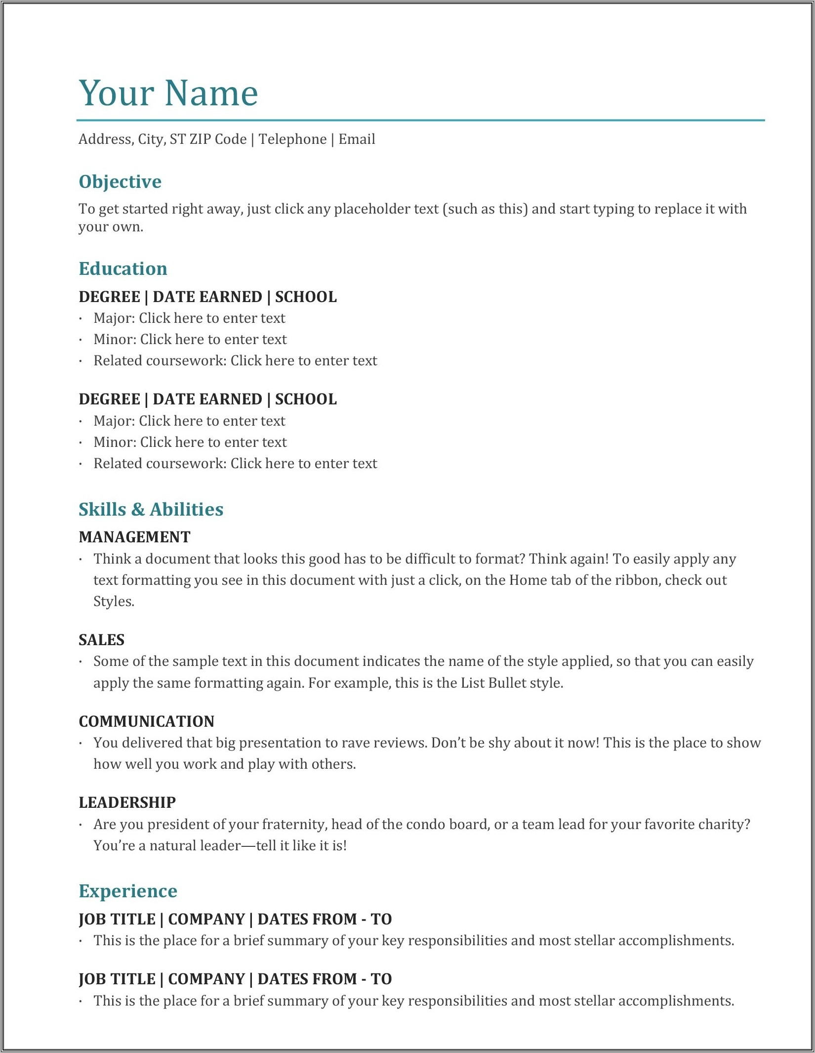 Word Templates For Resume