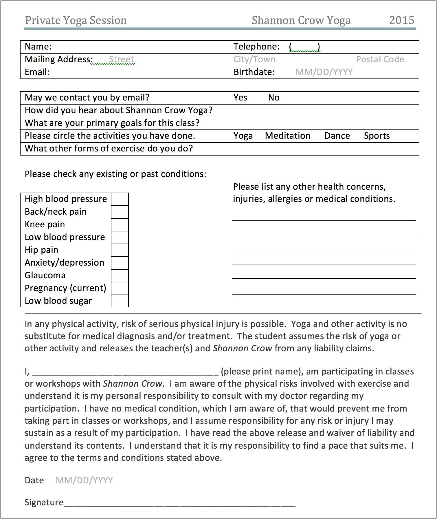 Yoga Waiver Form Template Canada