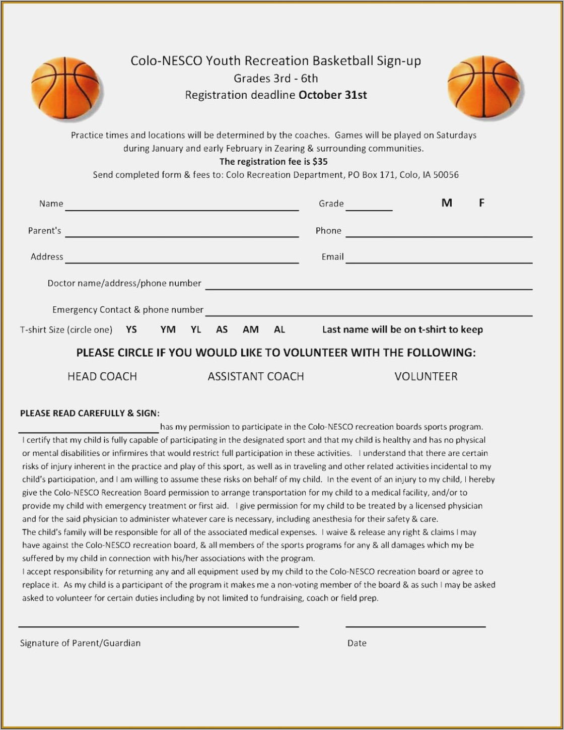 Youth Basketball League Registration Form Template