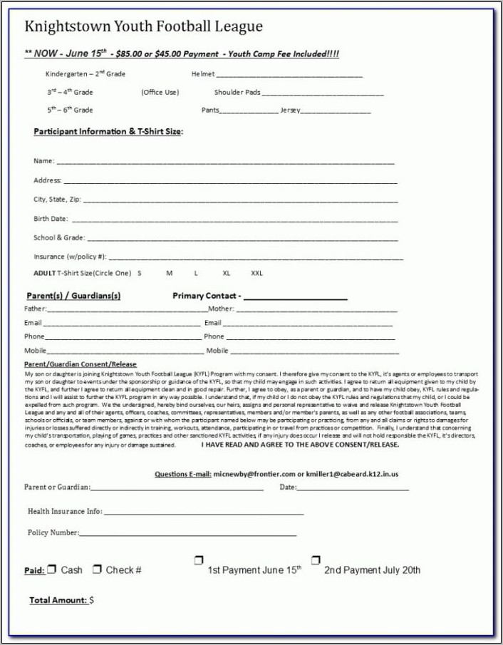 Youth Football Registration Form Template