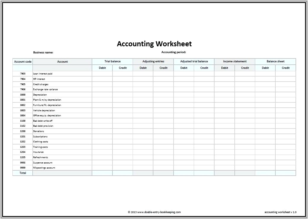 10 Column Accounting Worksheet Excel Template