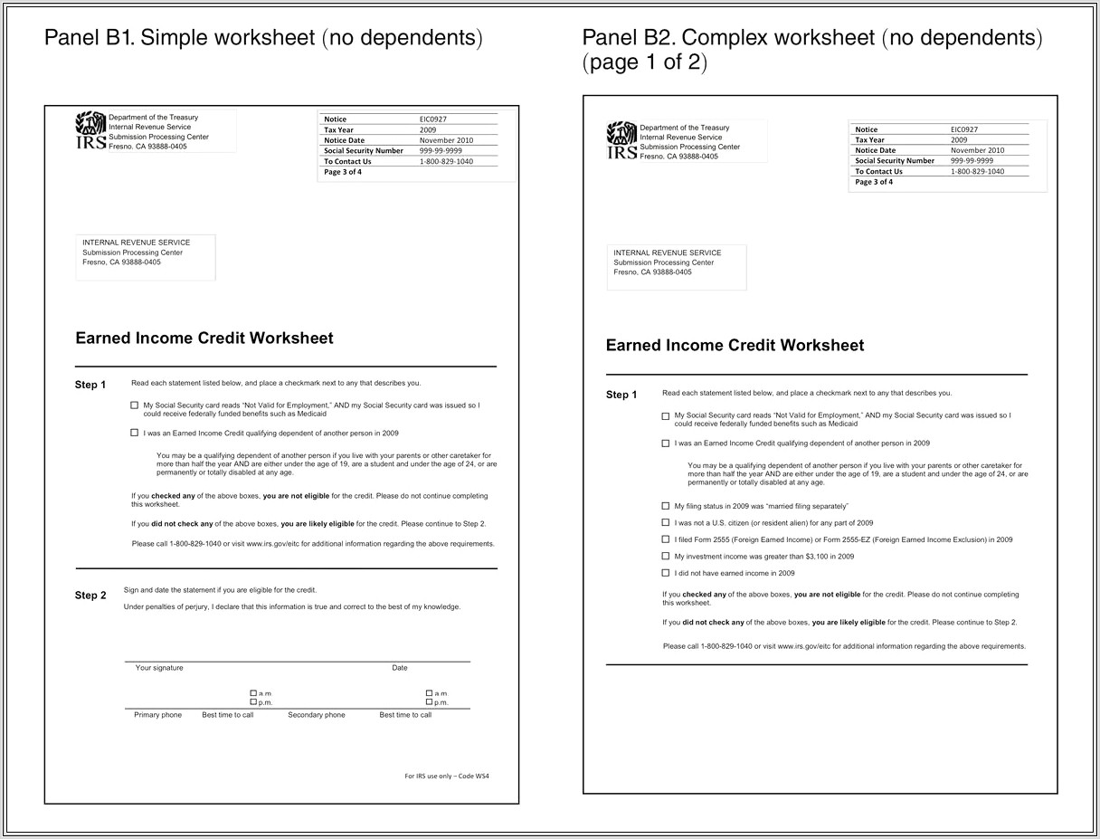 2009 Earned Income Tax Credit Worksheet