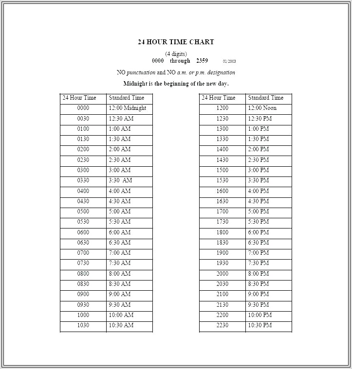 24 Hour Timetable Worksheet