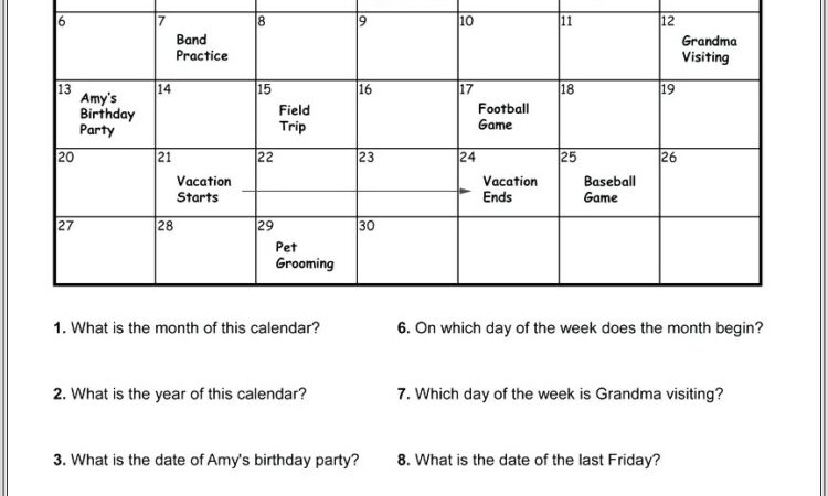 2nd Grade Calendar Worksheet