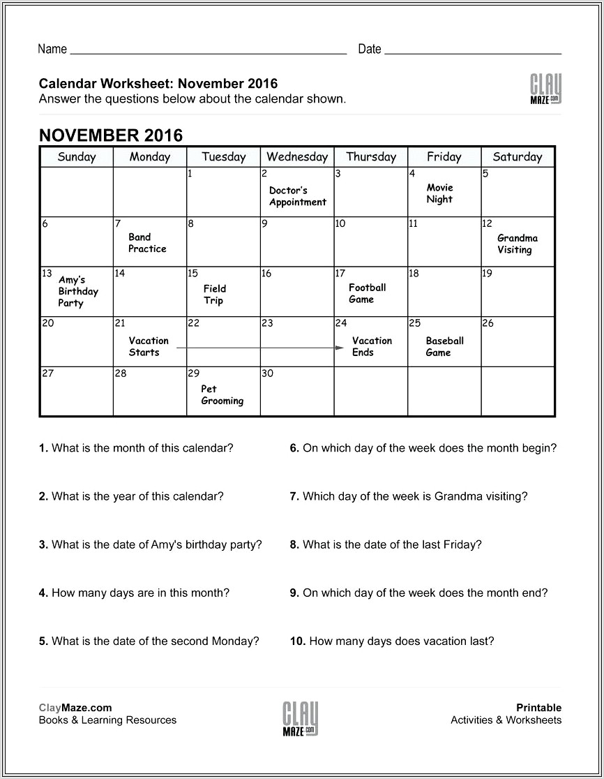 2nd Grade Calendar Worksheet