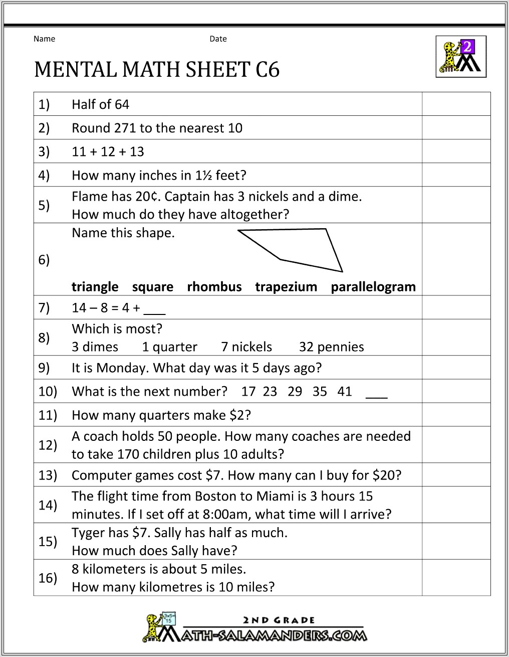2nd Grade Worksheet Math