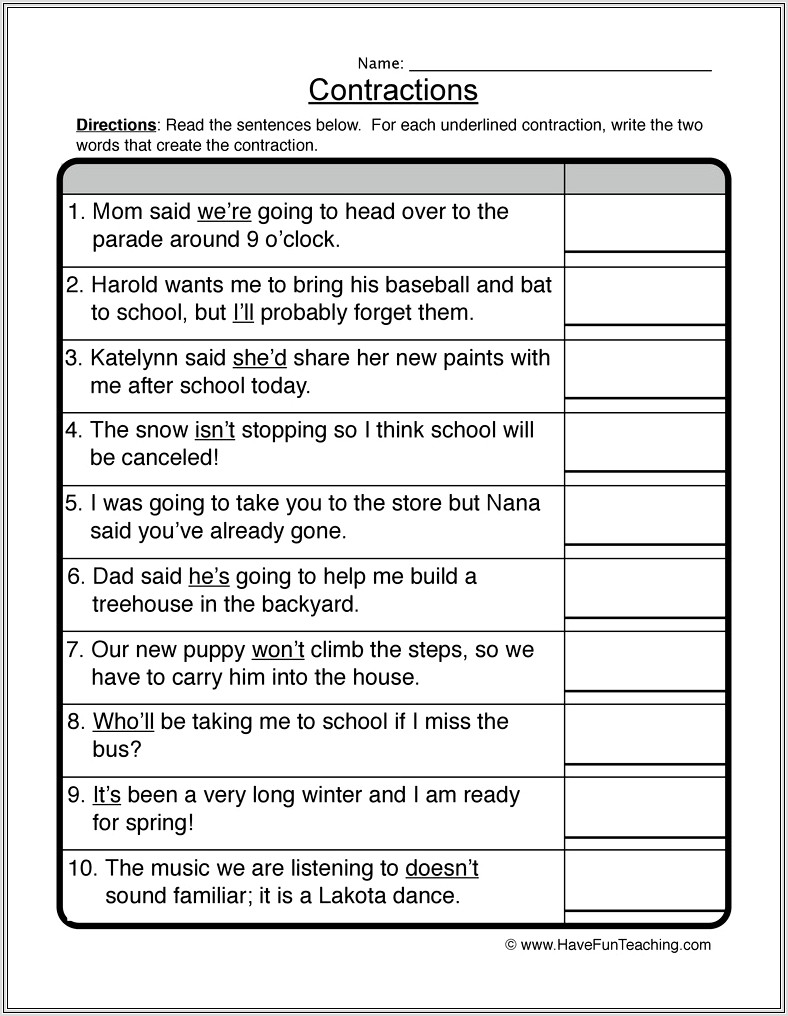 2nd Grade Worksheet On Contractions