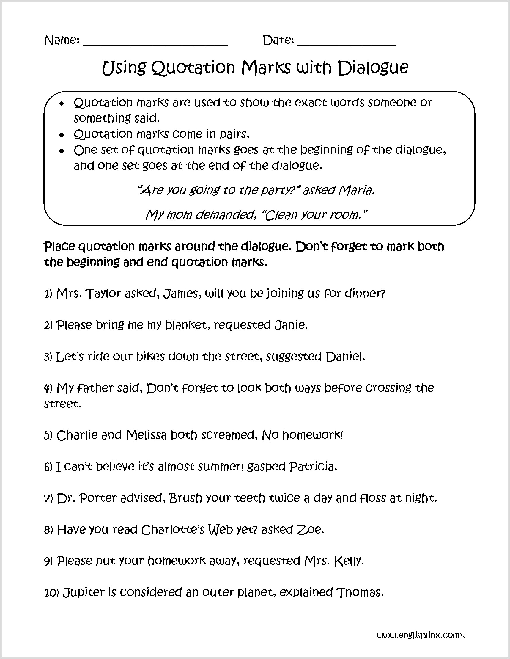 2nd Grade Worksheet On Quotation Marks