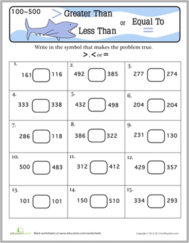 2nd Grade Worksheets Greater Than Less Than
