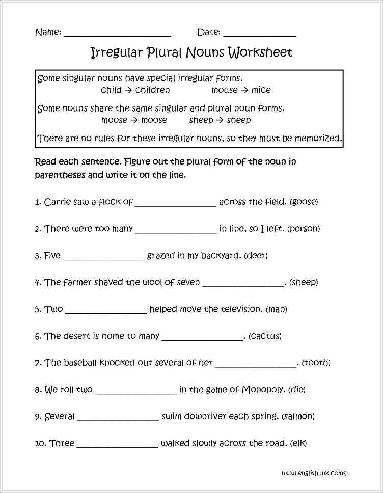 2nd Grade Worksheets Plural Nouns