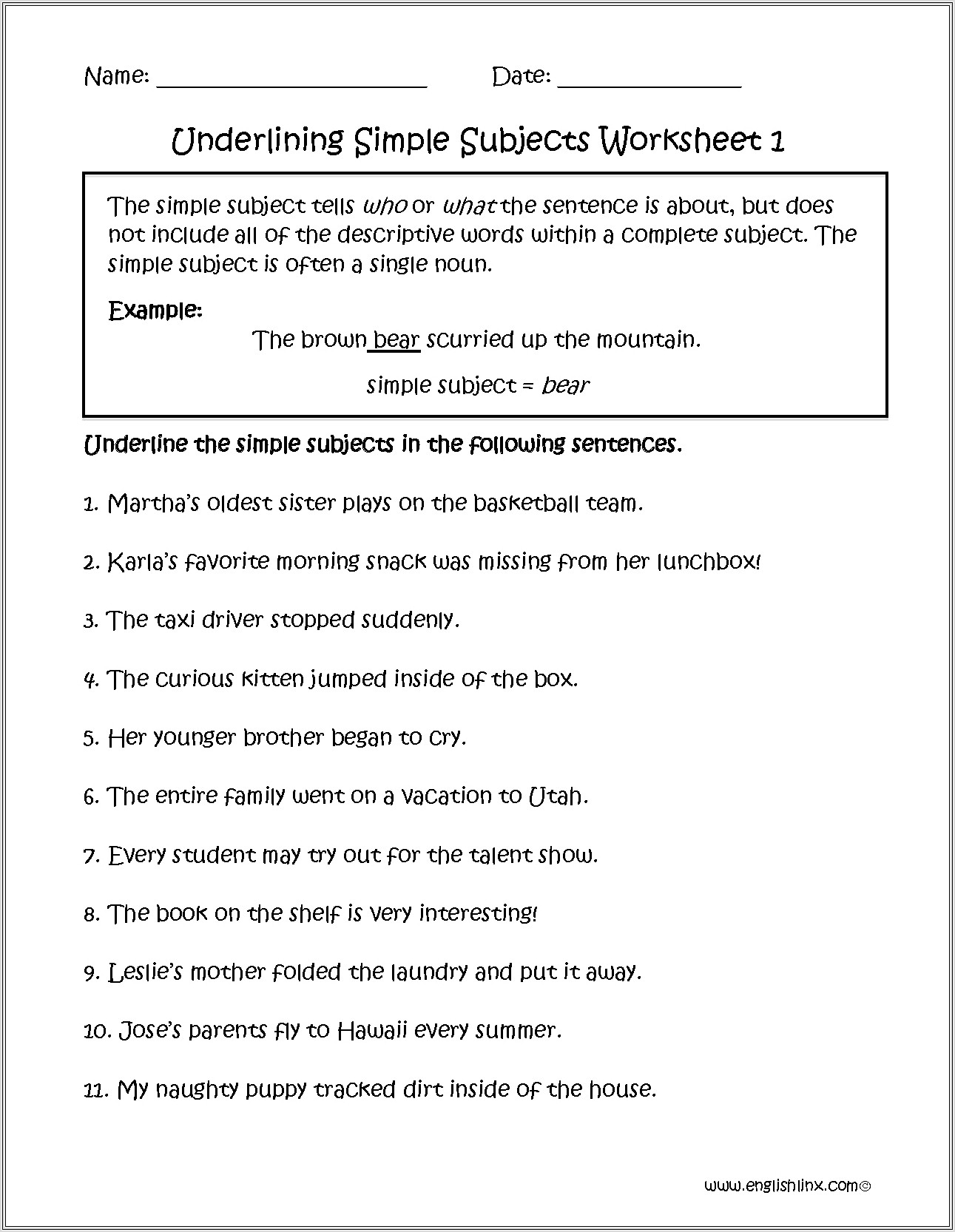 2nd Grade Worksheets Subject And Predicate