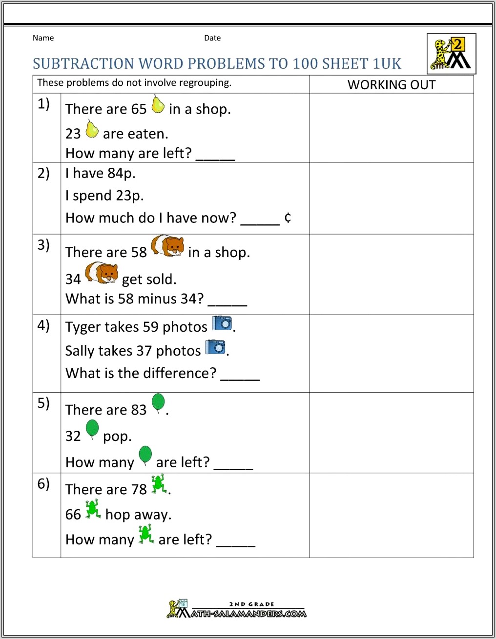 2nd Grade Worksheets Word Problems