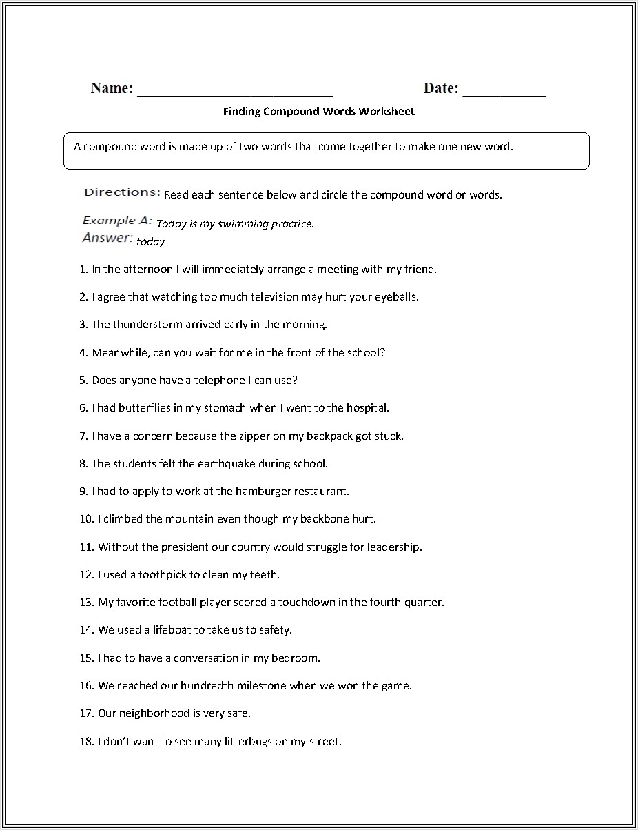 3rd Grade Compound Word Worksheet