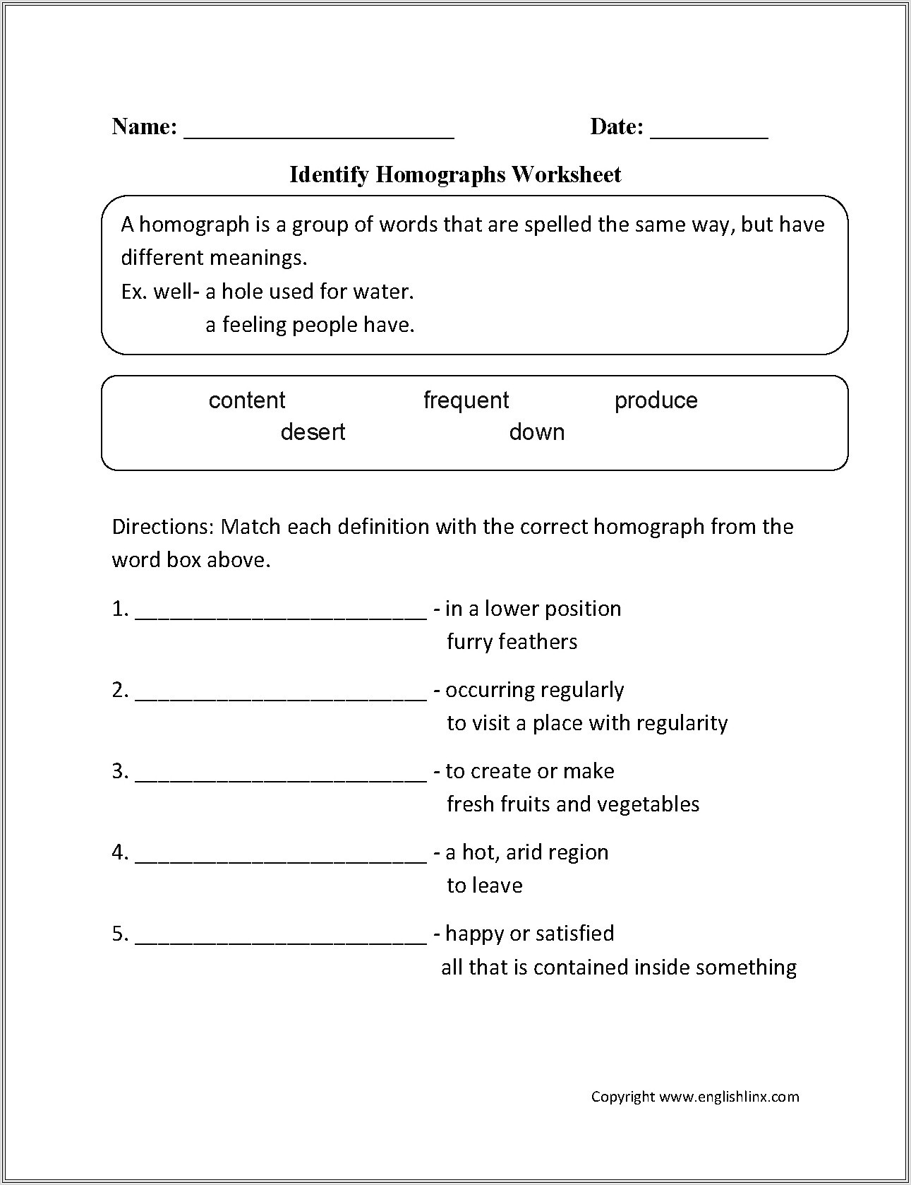 3rd Grade Homographs Worksheets