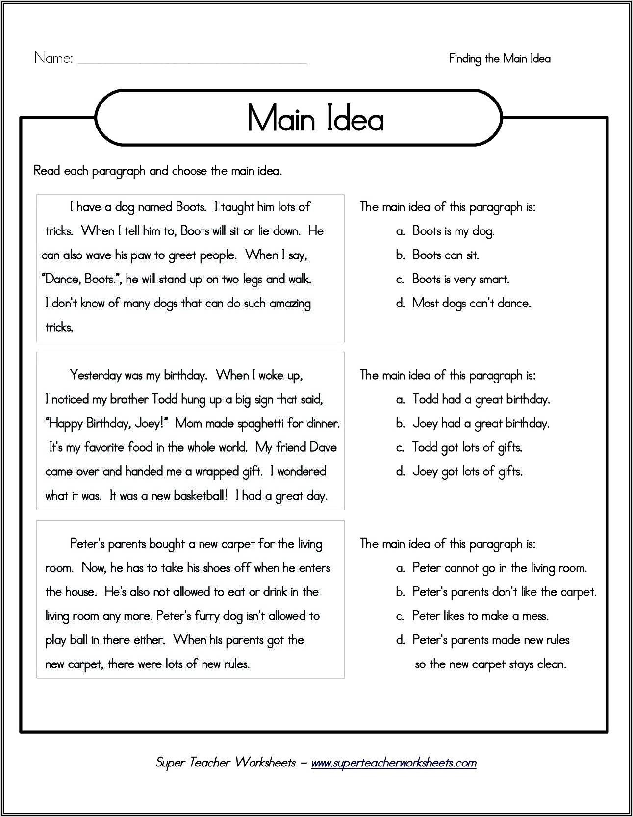 3rd Grade Main Idea Worksheets Printable