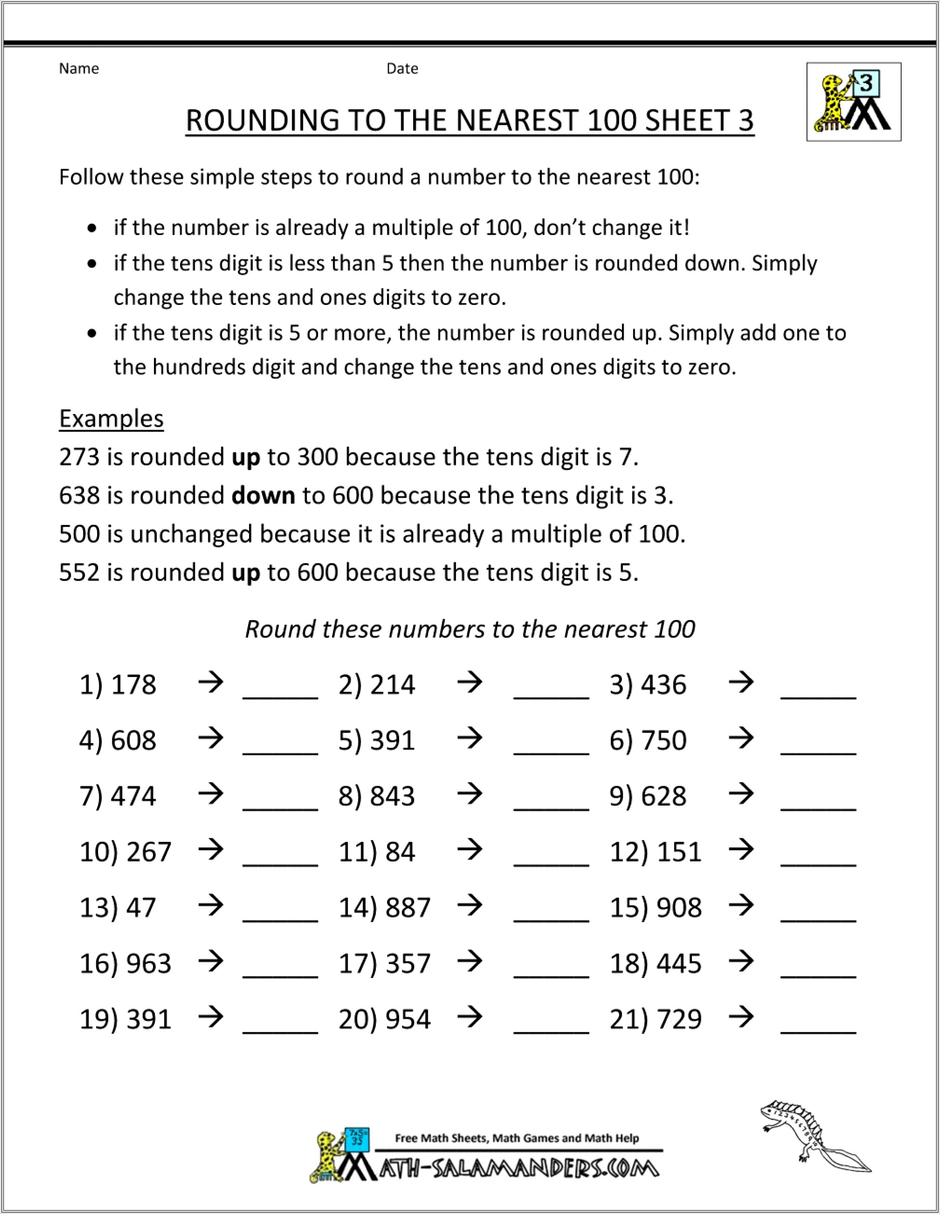 3rd Grade Math Rounding Numbers Worksheet
