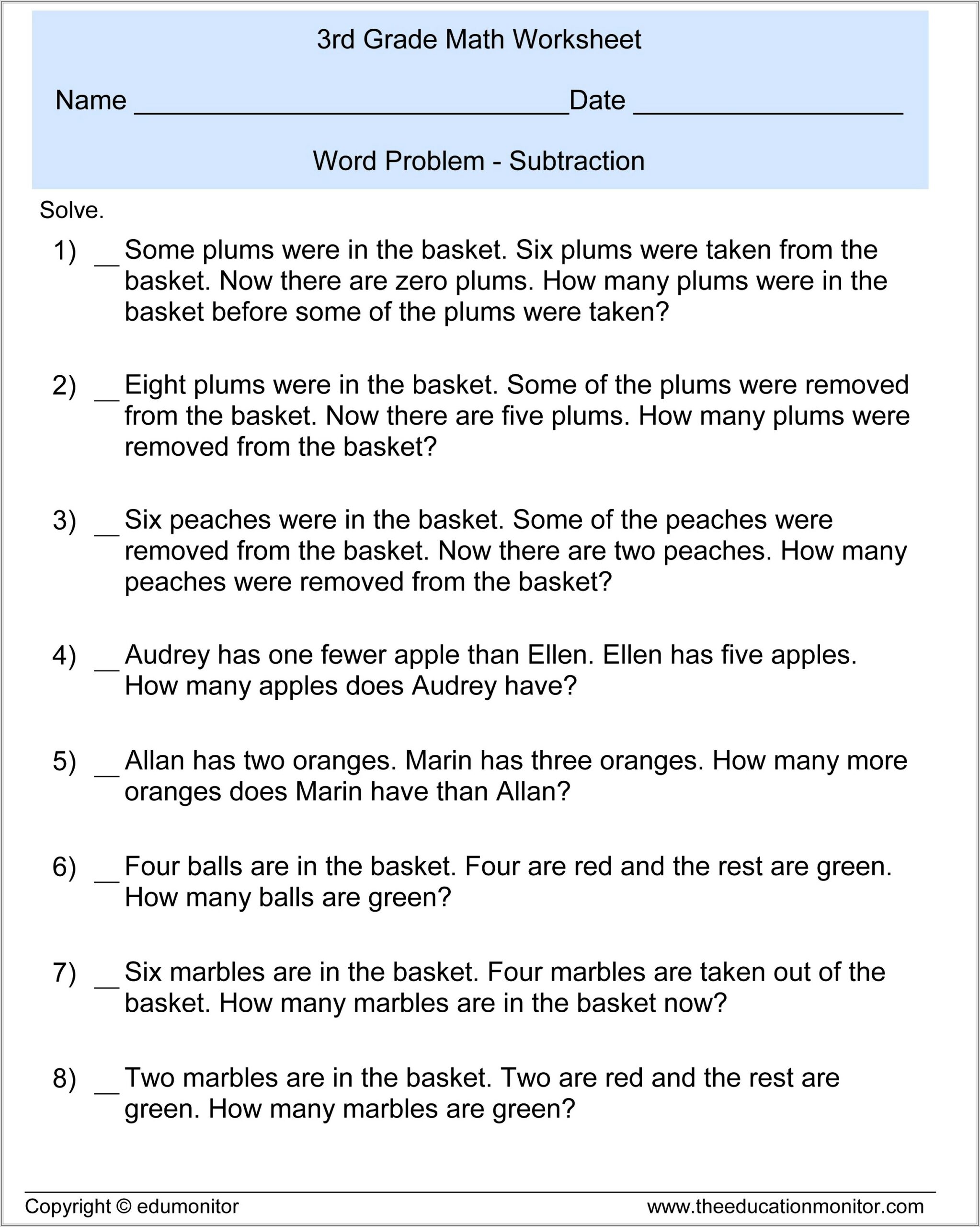 3rd Grade Math Word Problems Worksheets Pdf