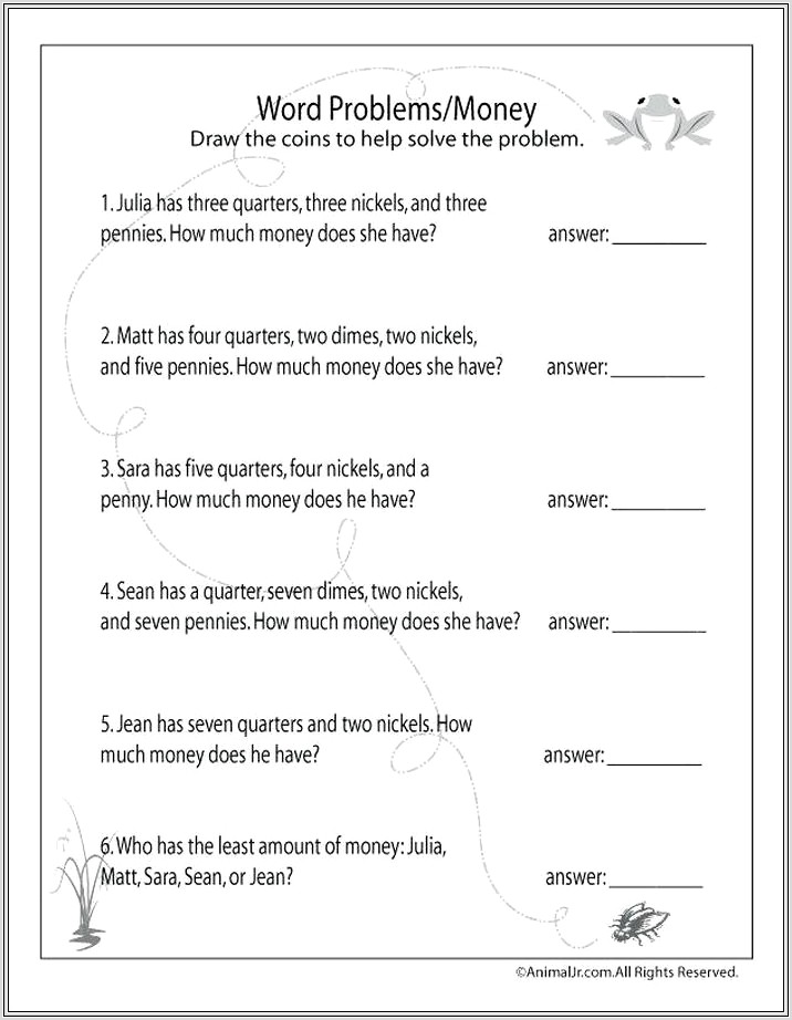 3rd Grade Money Worksheets Word Problems
