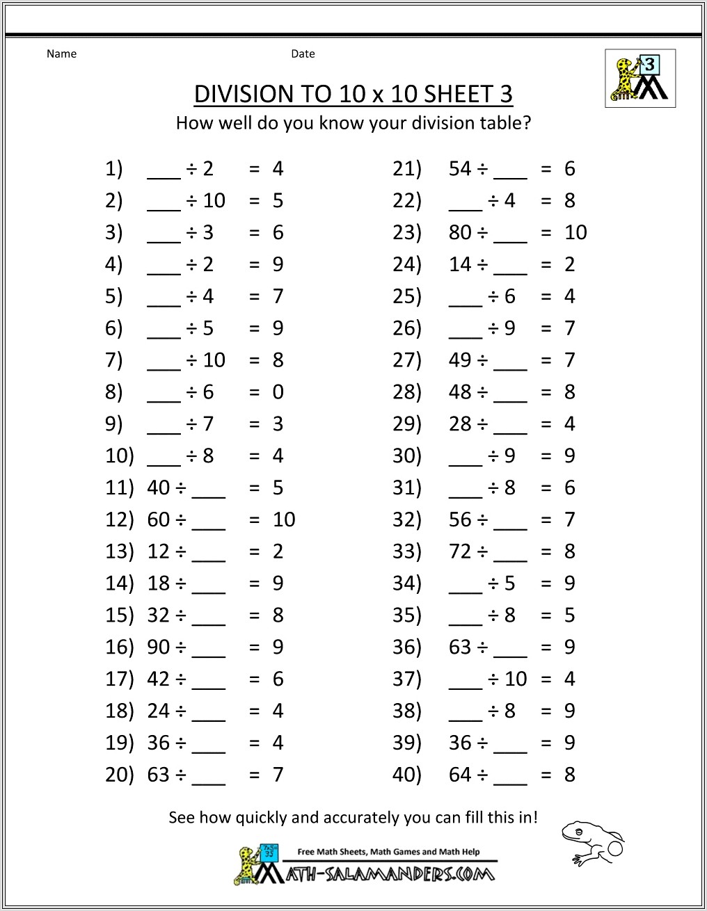 3rd Grade Printable Division Worksheets