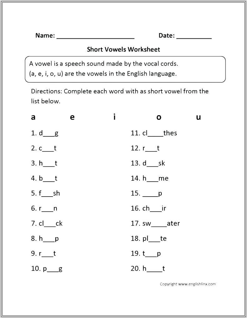 3rd Grade Vowel Worksheets
