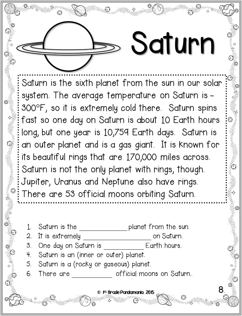 3rd Grade Worksheet On Planets