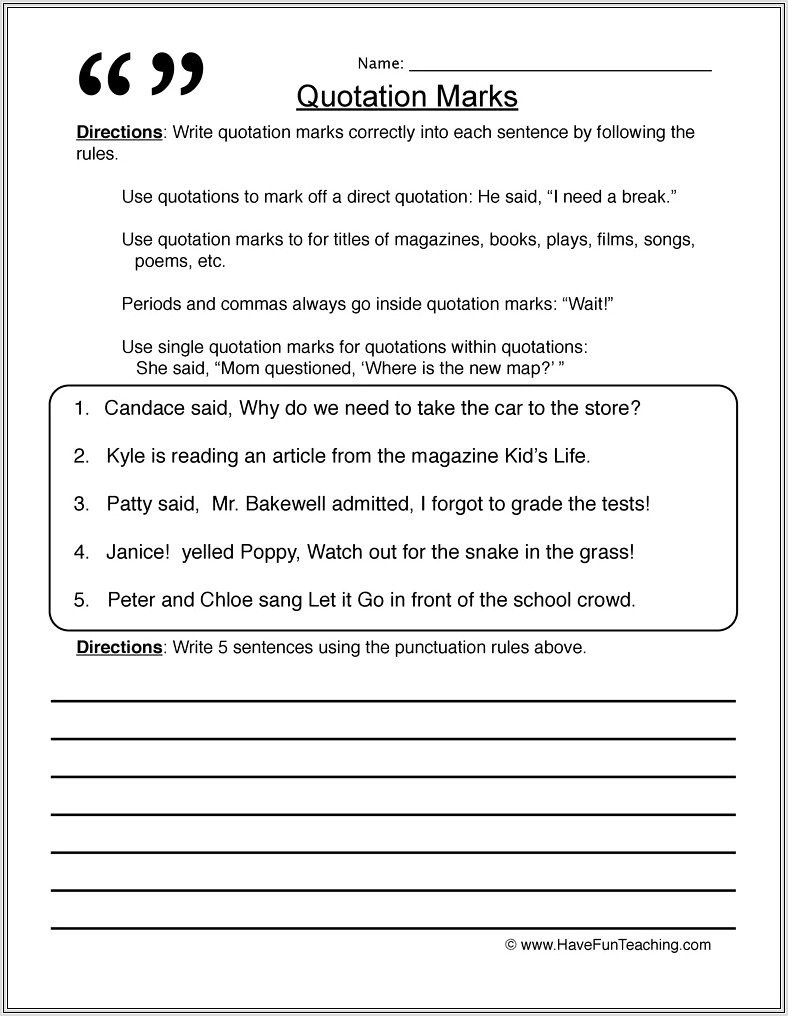 3rd Grade Worksheet On Quotation Marks