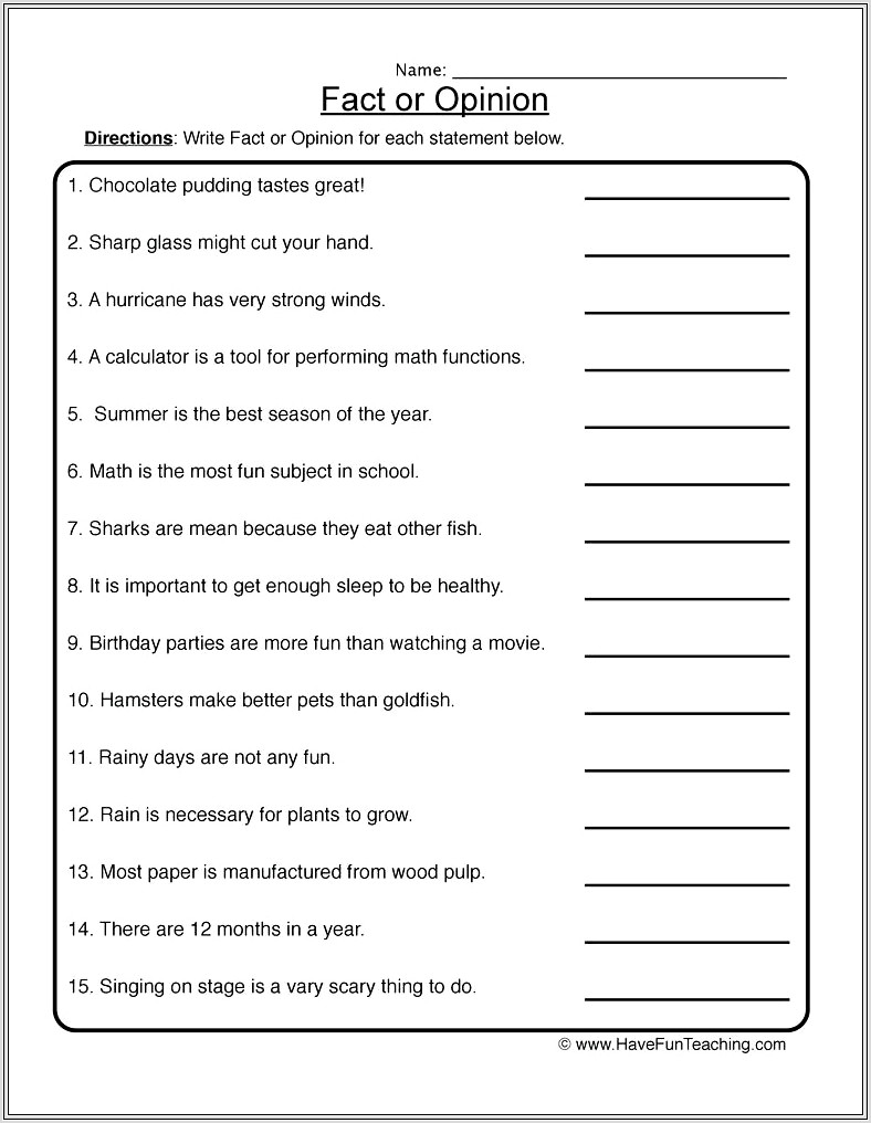 3rd Grade Worksheets Fact And Opinion