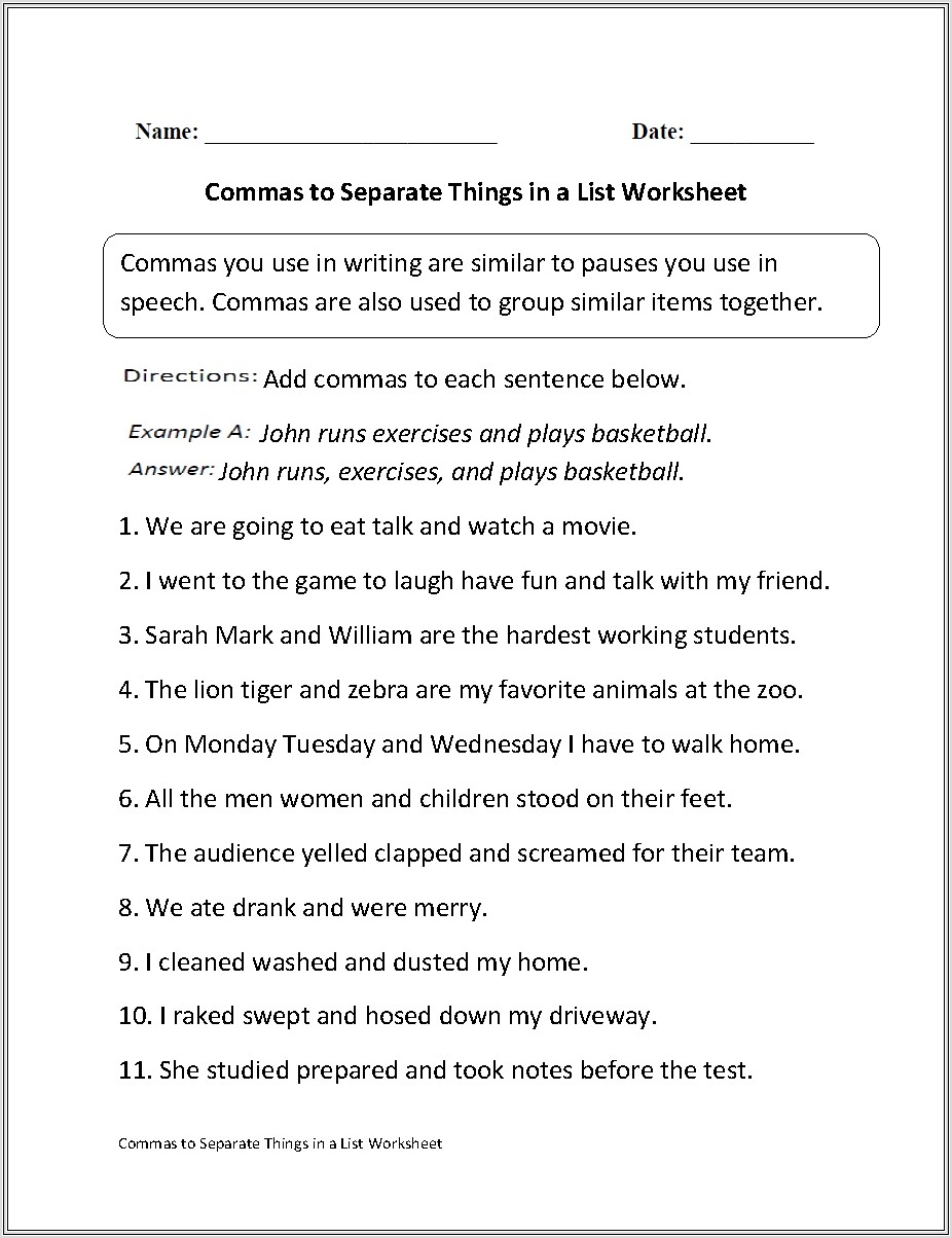 3rd Grade Worksheets On Commas