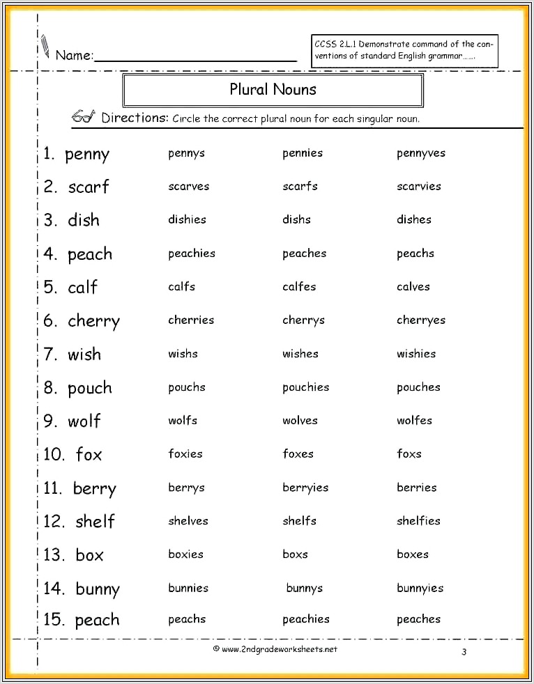 3rd Grade Worksheets Plural Nouns