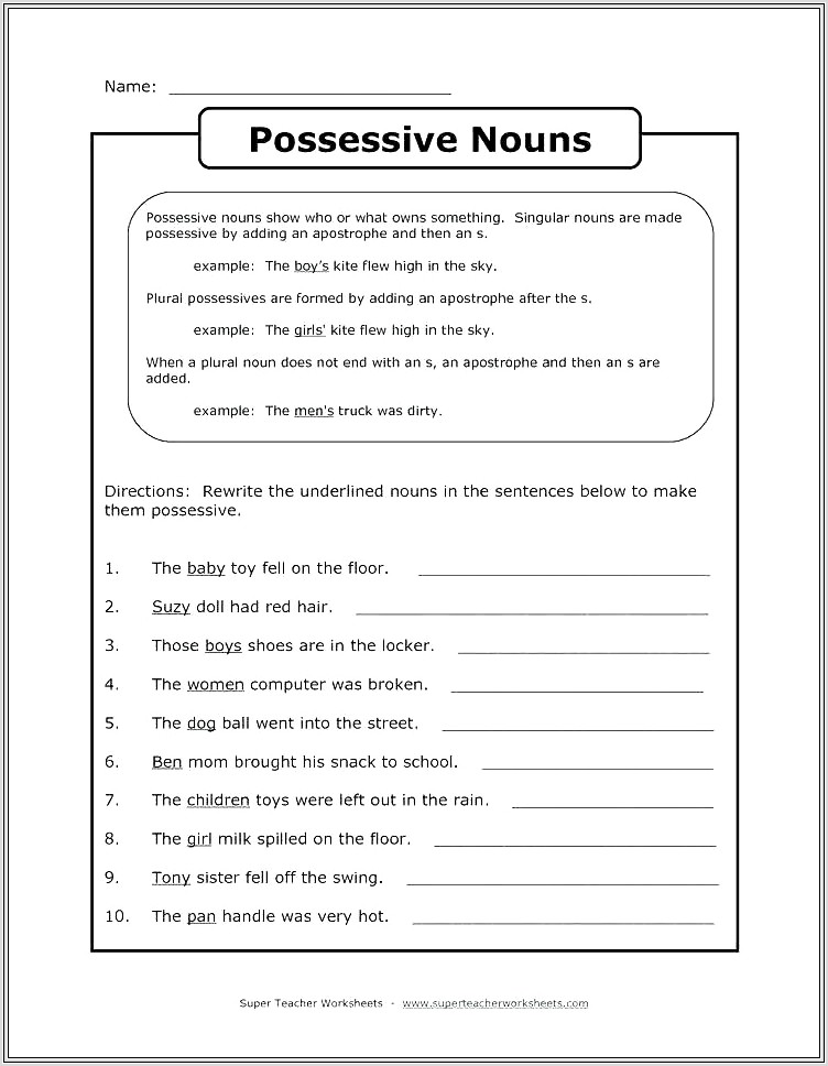 3rd Grade Worksheets Possessive Nouns
