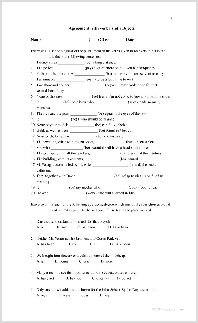 3rd Grade Worksheets Subject Verb Agreement