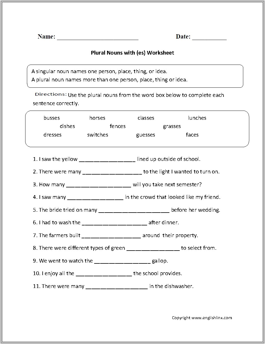 4th Grade English Noun Worksheets