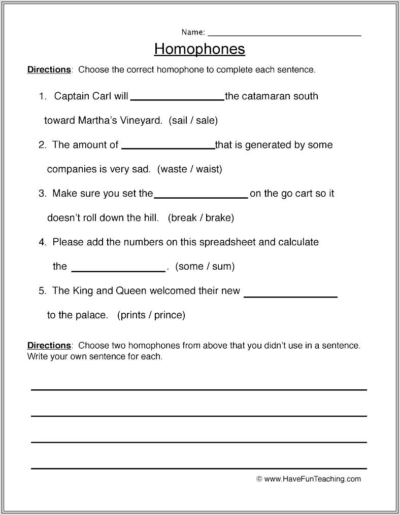 4th Grade Homophones Worksheet