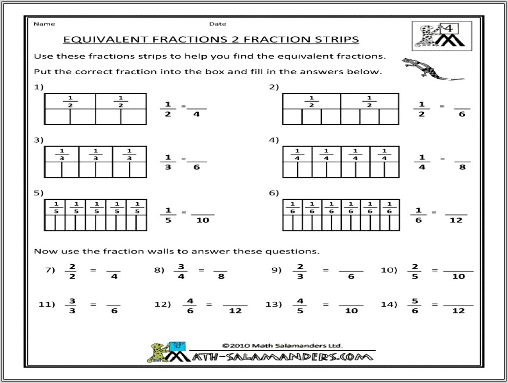 4th Grade Worksheet Equivalent Fractions
