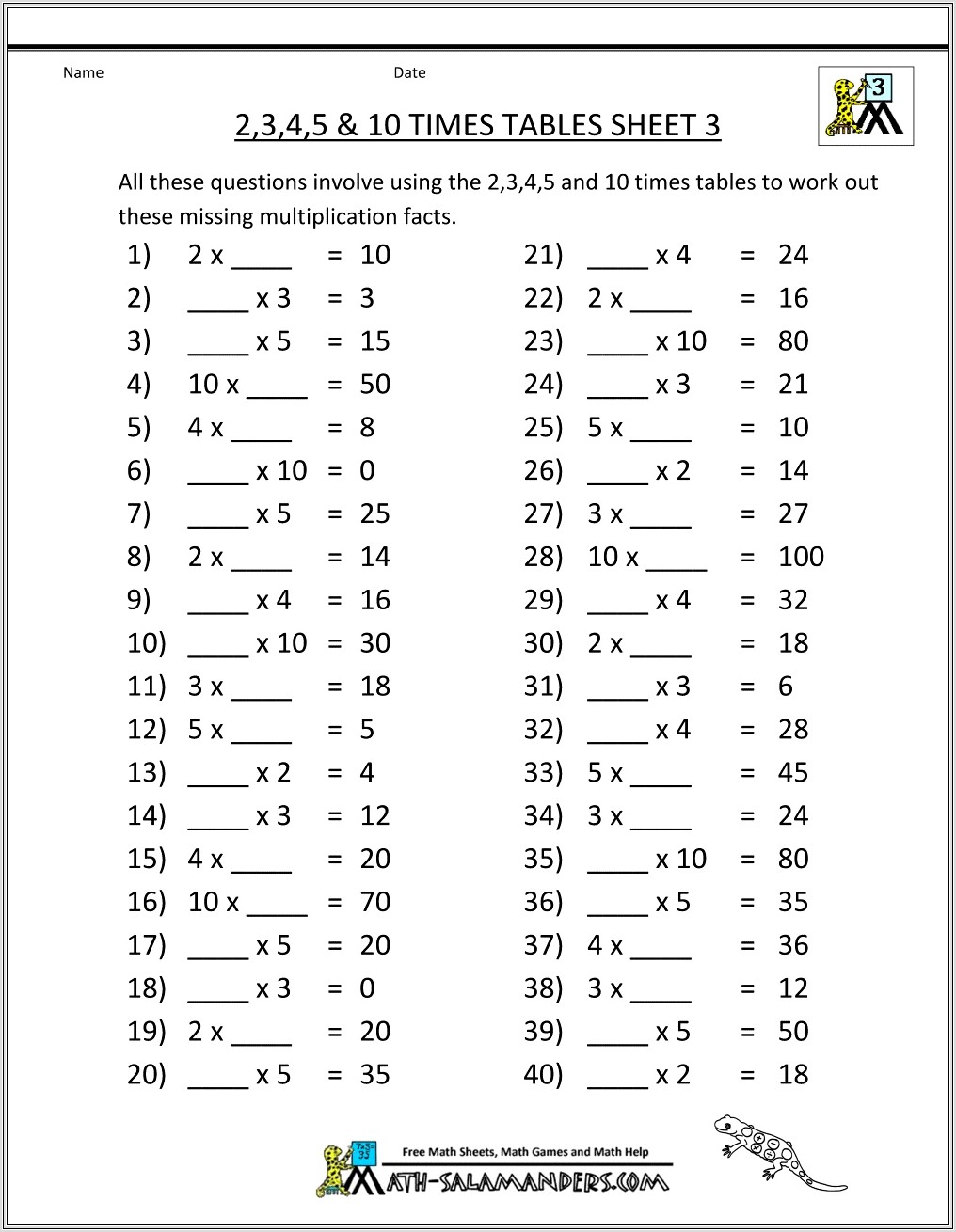 5 Times Table Game Worksheet