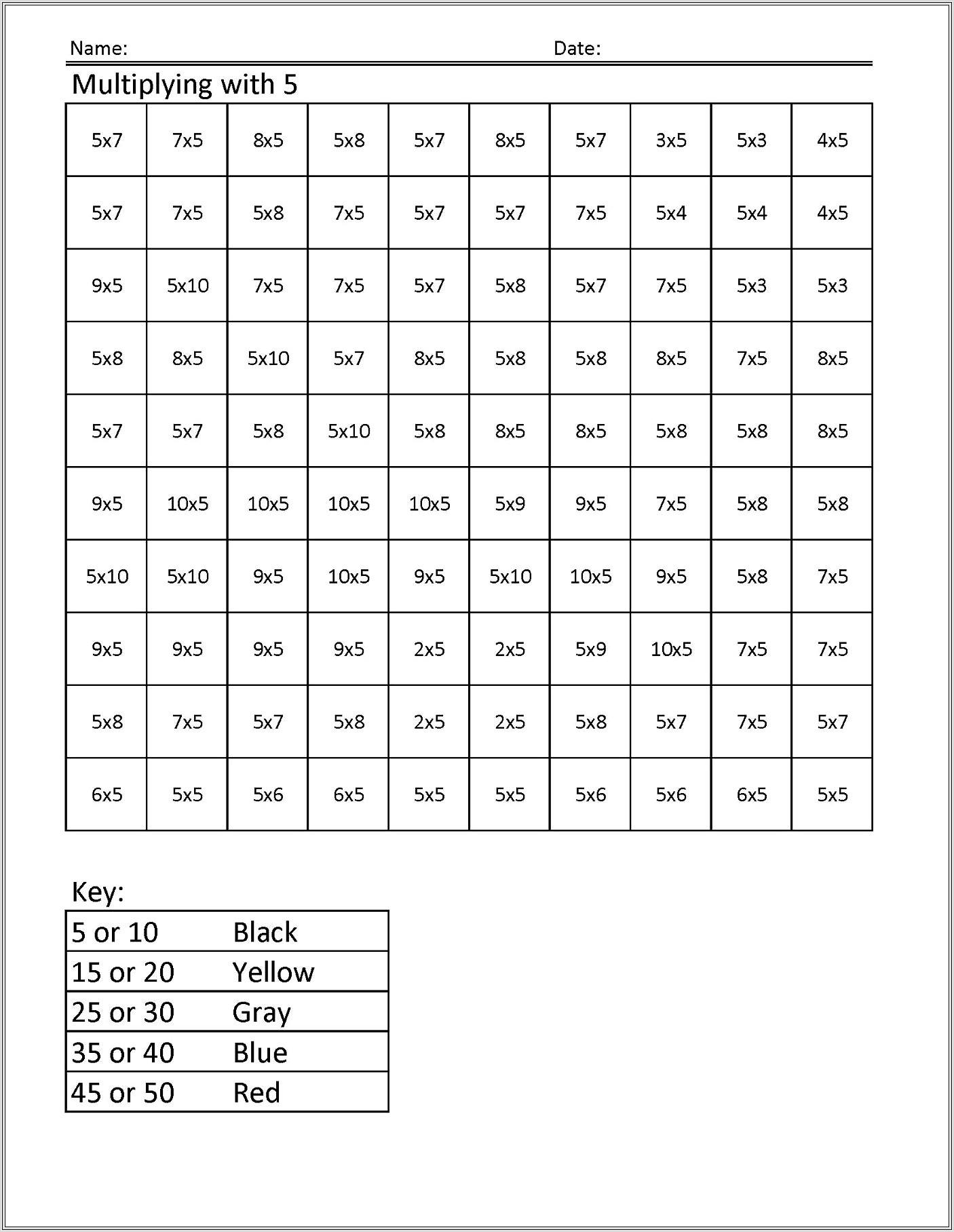 5 Times Table Worksheet Printable