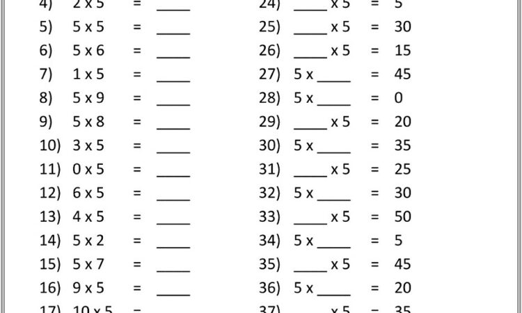 5 Times Table Worksheets Ks1