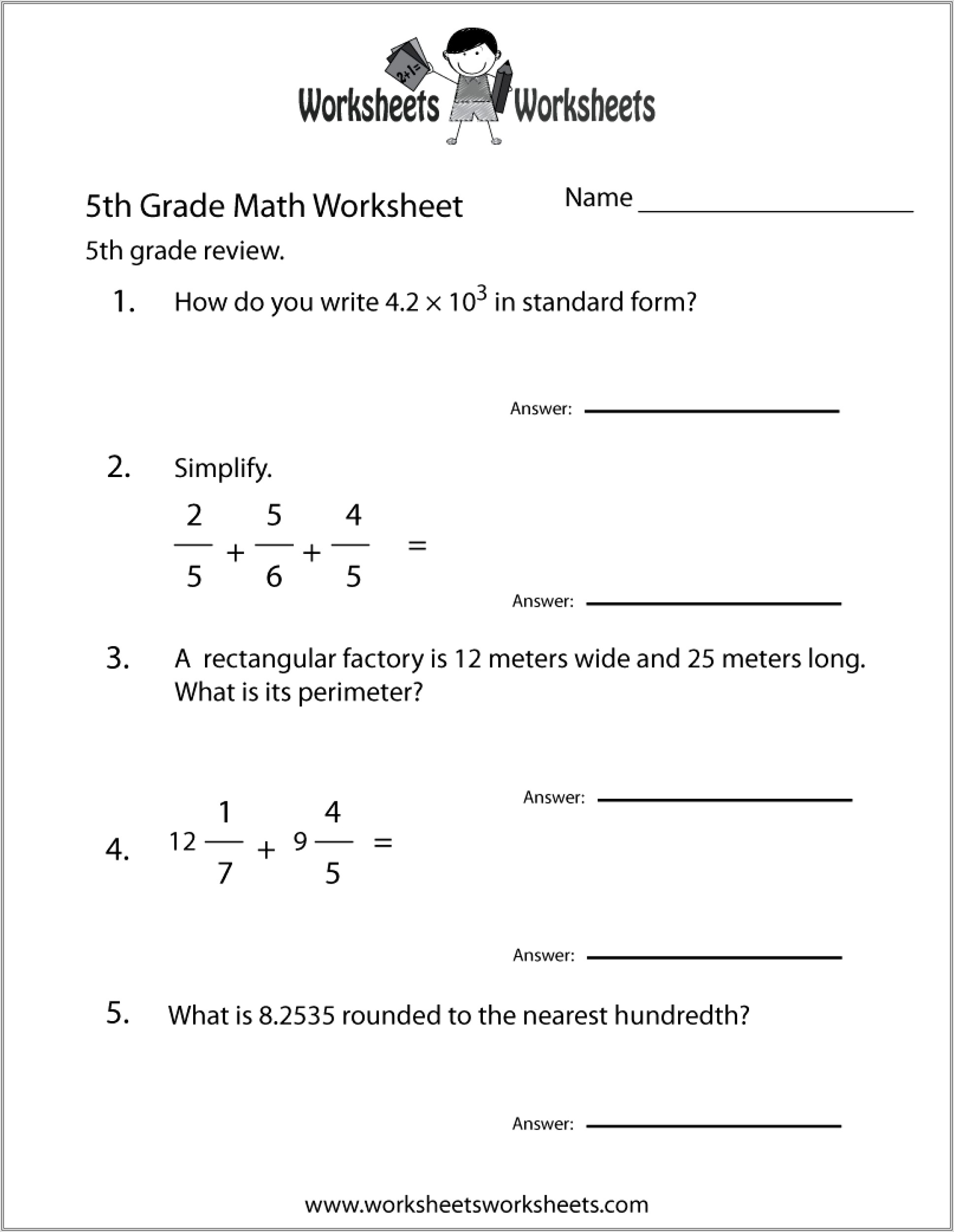 5th Grade Math Review Worksheet Pdf