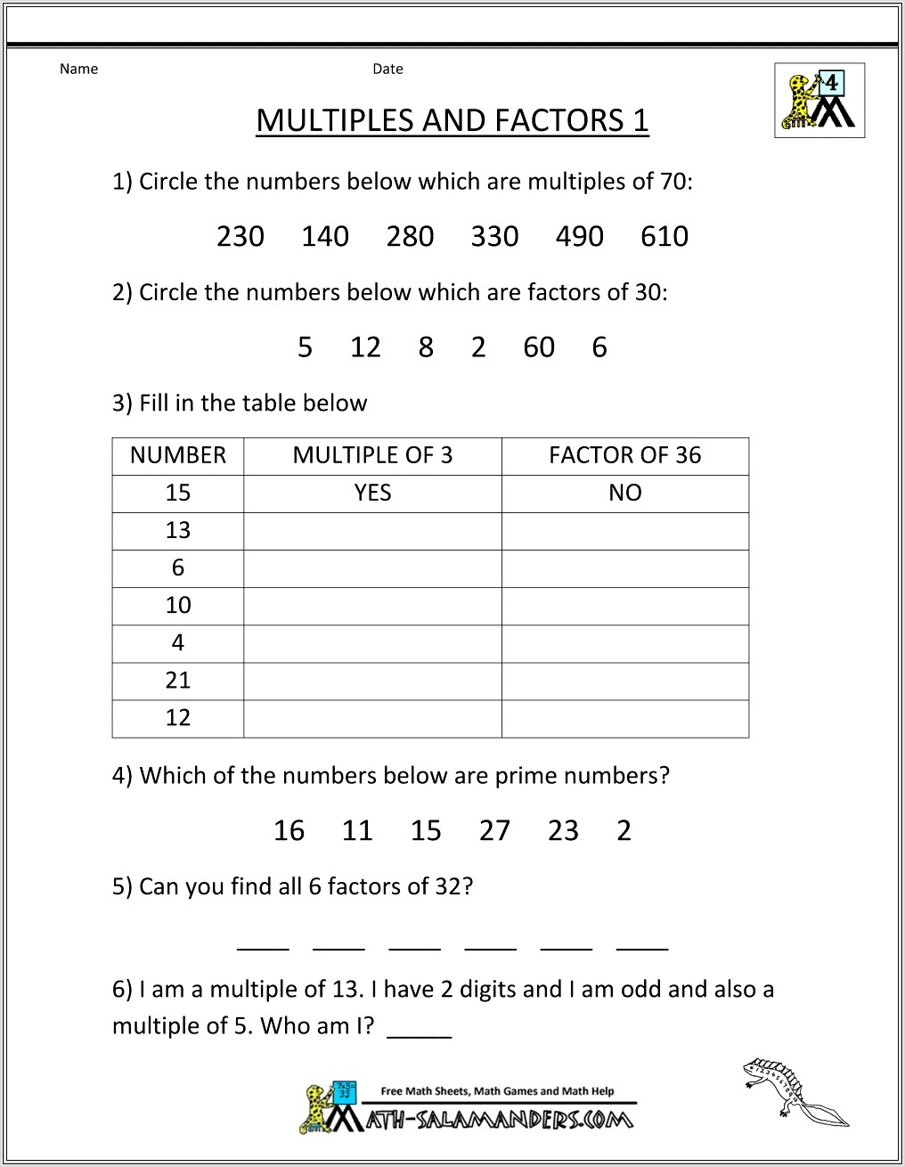 5th Grade Math Worksheets Factors And Multiples