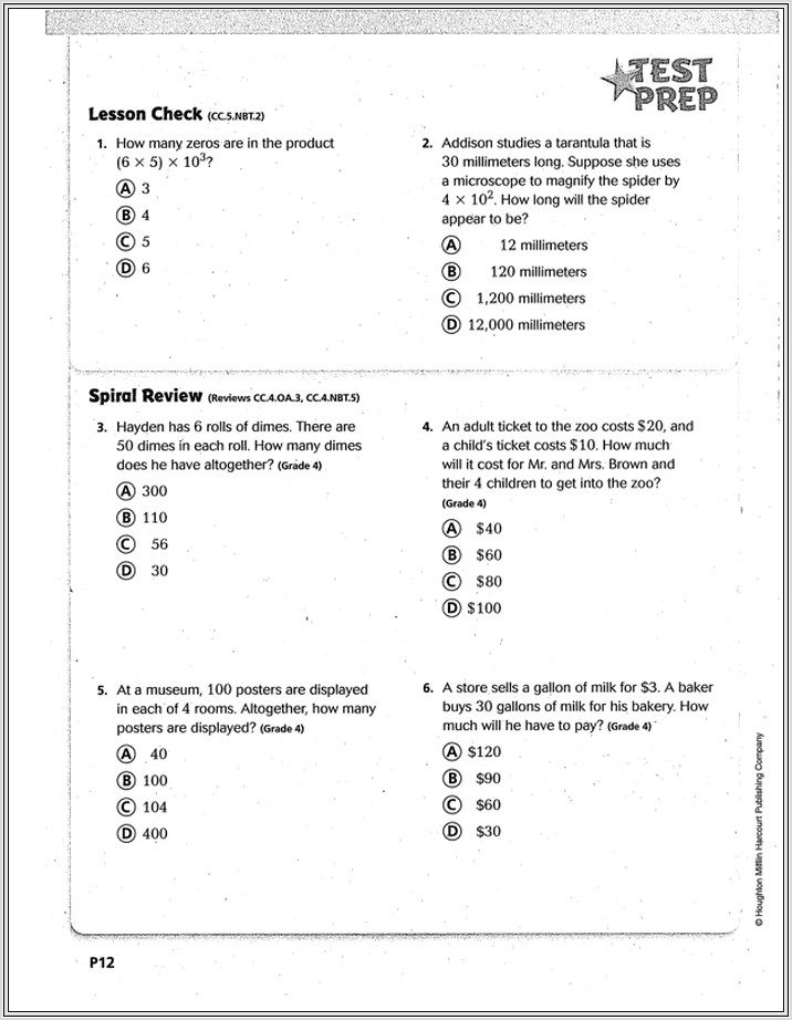 5th Grade Math Worksheets Houghton Mifflin