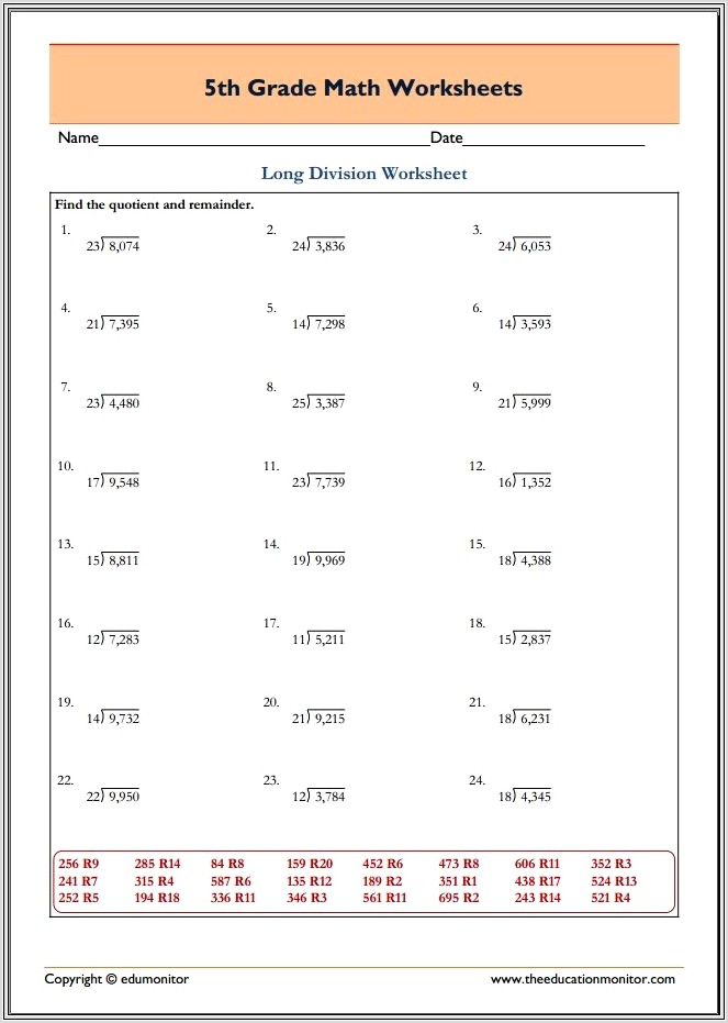 5th Grade Math Worksheets Long Division