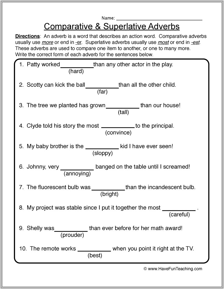 5th Grade Worksheet On Adverbs
